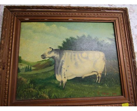 PRIMITIVE, indistinctly signed oil on board "Portrait of Bull", 27cm x 35cm 574 - Extra photos of signature, image slightly b