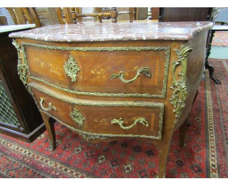 LOUIS SEIZE-STYLE MARBLE TOP MARQUETRY COMMODE, serpentine fronted twin door commode with floral marquetry and applied rococo