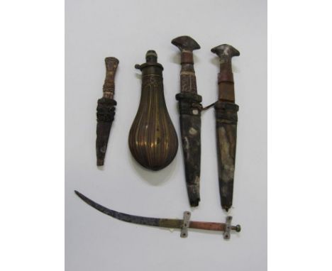 HUNTING, 19th century embossed copper shot flask, together with 4 various daggers (needing restoration)