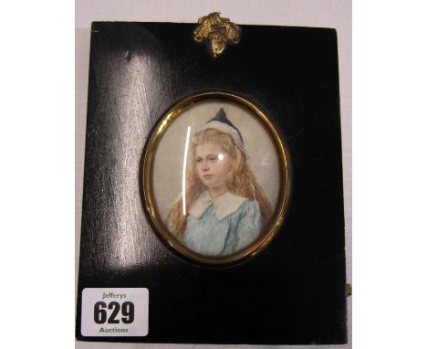 MINIATURE PORTRAIT, oval watercolour framed portrait of young lady
