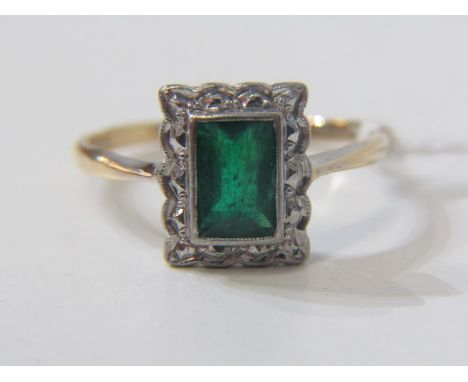 EMERALD AND DIAMOND RING, 9ct yellow gold ring set with rectangular cut emerald within a cluster of diamonds of rectangular f