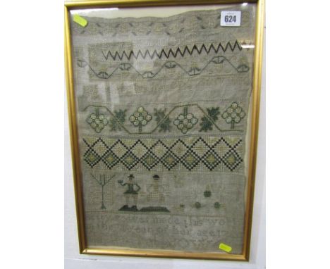 18th CENTURY NEEDLEWORK SAMPLER, by Betty Bowes, dated 1768, 43cm x 20cm