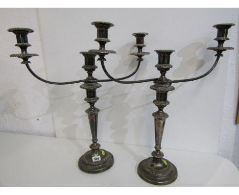 SILVER PLATE, pair of antique circular base twin branch candelabra, 50cm height