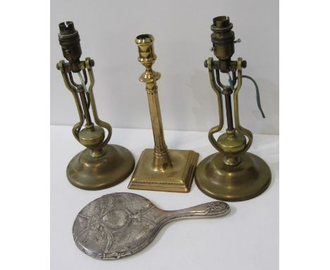 MARITIME, pair of ship's brass gimbal table lights by Playmit; also Georgian brass square base 27cm candlestick and silver ha