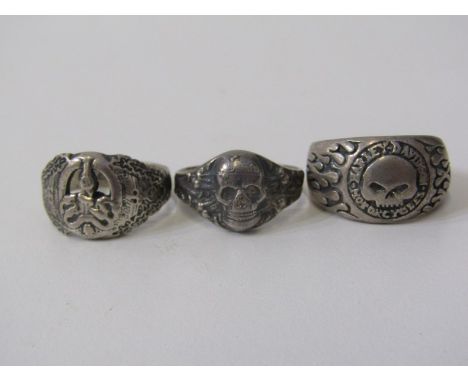 SILVER SKULL RINGS, 3 silver skull rings, various designs and sizes