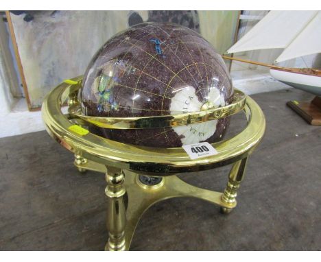 SEMI PRECIOUS GEM STONE GLOBE, globe of the world set in brass frame 32cm diameter 400 - Globe has some light tarnishing to m
