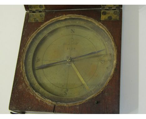 GEORGIAN COMPASS, large boxed portable brass compass, signed "Underhill 1824", 15cm width