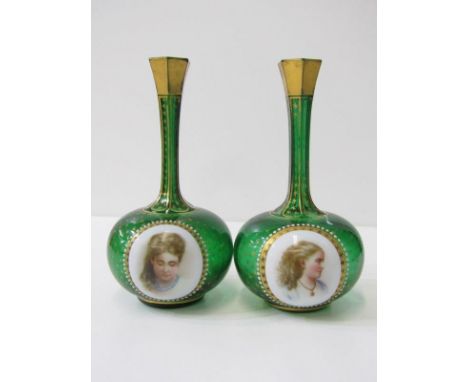 BOHEMIAN GLASS, pair of 19th Century green glass portrait vases, 16.5cm height  Lot 350: Both vases with some light gilt rubb