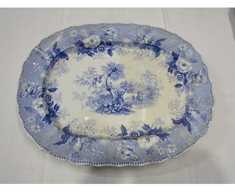 19th CENTURY BLUE TRANSFER WARE, Staffordshire "Botanical Beauties" pattern meat plate, 50cm width