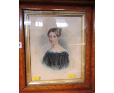 19th CENTURY ENGLISH SCHOOL, watercolour " Half Portrait of Young Girl", in maple frame, 20cm x 15cm