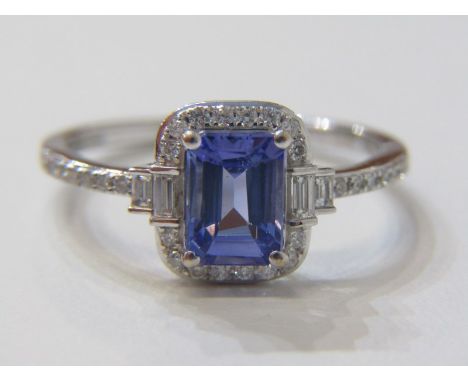 DIAMOND &amp; TANZANITE CLUSTER RING, 18ct white gold ring, set an emerald cut tanzanite within a cluster of diamonds with di