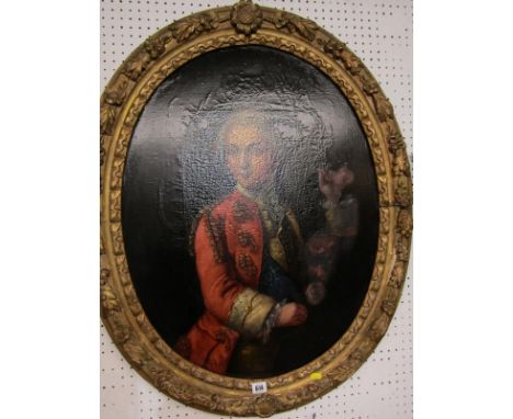 ANTIQUE PORTRAIT, oil on oval gilt framed canvas "Portrait of Young Gentleman", 73cm height