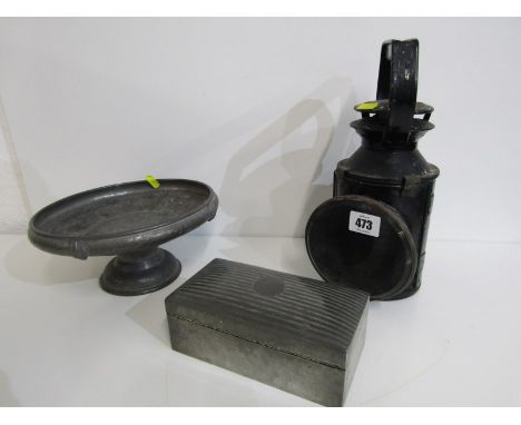 RAILWAY LAMP, black enamel workman's railway lamp; also crafted pewter "Warrio" comport and cigarette box