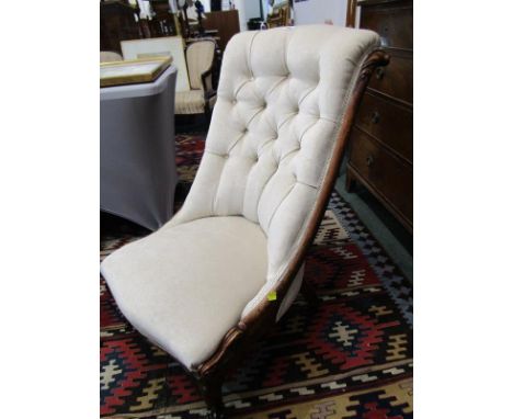 VICTORIAN WALNUT SCROLL FRAME BUTTON BACK NURSING CHAIR, carved cabriole legs with original castors