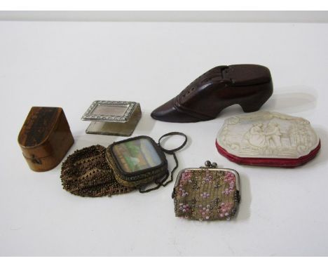 TREEN, Victorian carved shoe snuff box, mauchline thimble case, also Victorian carved mother of pearl case, etc