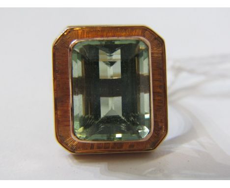AQUAMARINE RING, yellow gold ring set an emerald cut aquamarine, 14mm spread, tests as 18ct, (purchased in the Middle East), 