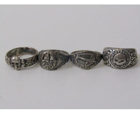 SILVER RINGS, 4 assorted silver skull rings, various sizes