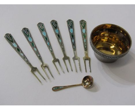 RUSSIAN SILVER, Russian silver salt with silver gilt interior, silver gilt and enamelled salt spoon with Russian HM to base s