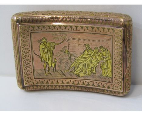 CONTINENTAL GOLD SNUFF BOX, in rose gold, of concave form decorated with Roman figures to the hinged lid, possibly Swiss. 80.