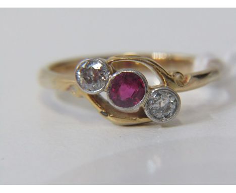 RUBY AND DIAMOND RING, 3 stone cross over style ruby and diamond ring, size N