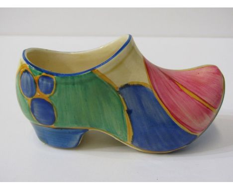 CLARICE CLIFF, a Clarice Cliff pottery clog, base stamped Fantasque Bizarre by Clarice Cliff Newport, 11cm length 362 - good 