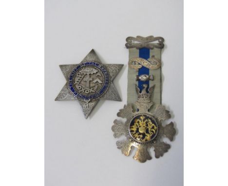 2 X 19TH CENTURY SILVER CEREMONIAL MEDALLIONS, 1 with blue enamel dial, possible the Order of Friends, early Masonic style de