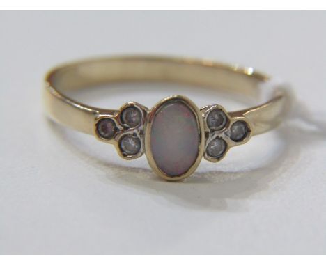 OPAL RING, 9ct yellow gold ring set with an oval opal with CZs to the shoulders, size M-N