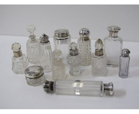 SILVER TOPPED SCENT BOTTLES ETC, a collection of various silver topped &amp; silver collared scent bottles, similar pepperett