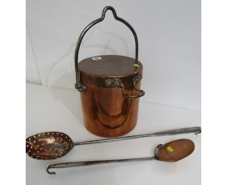 MARITIME, 19th Century nautical copper cylindrical lidded casserole by Benham, engraved "R. Y. 12", also long handled serving