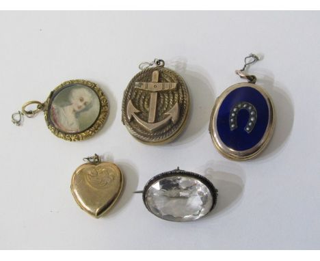 ANTIQUE PINCHBECK PENDANTS, etc, oval locket decorated anchor to front and rear, oval locket with blue enamel decoration, a c