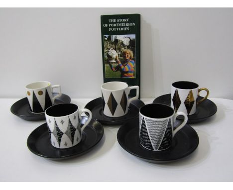 RETRO POTTERY, set of 5 early Portmeirion "Gold Diamond" pattern coffee cans and saucers with collectors guide book