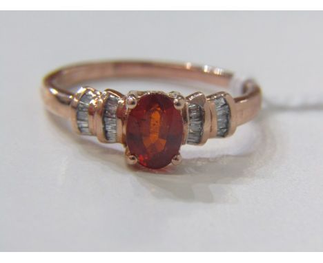 FIRE OPAL AND DIAMOND RING, 9ct yellow gold ring set with an oval fire opal flanked with 2 diamonds to either side, ring size