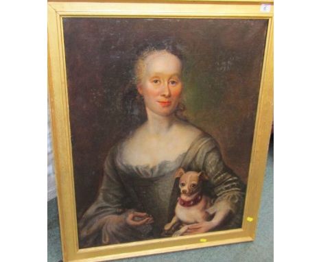 EUROPEAN SCHOOL, late 18th Century oil on canvas "Portrait of a Lady with pet dog", 77cm x 62cm lot 535 - some white surface 