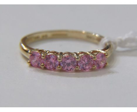 14ct GOLD DRESS RING, 14ct yellow gold ring set a line of 5 pink stones, size P, 2.1 grams