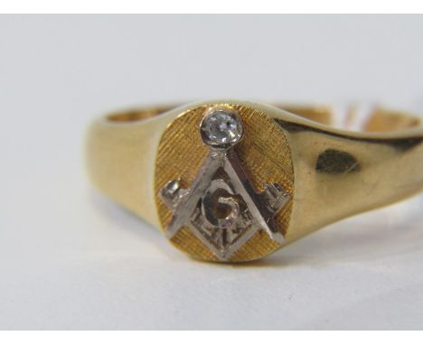 MASONIC RING, yellow gold signet style ring with Masonic emblem to top, with diamond inset, tests as 18ct yellow gold, size S