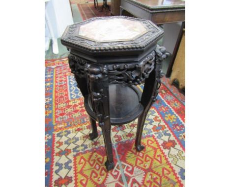 ORIENTAL FURNITURE, marble inset top plant stand, octagonal carved top on 4 dragon head carved legs and fitted base shelf, 32