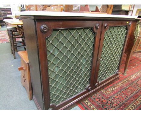 LATE REGENCY WHITE MARBLE TOP CHIFFONIER, twin silk backed brass grille panelled doors, 119cm width