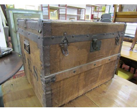 EDWARDIAN TRUNK, canvas &amp; lathe covered twin handled trunk, 61cm width