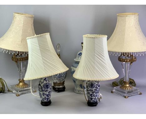 DECORATIVE TABLE LAMPS, A PAIR - clear perspex columns and bases, with gilt metal mounts, beaded fabric shades, 64cms H overa