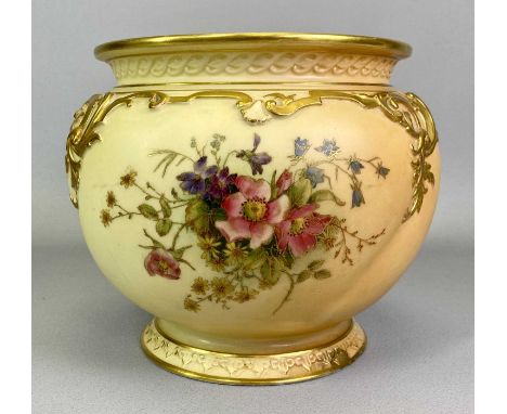 ROYAL WORCESTER 'BLUSH IVORY' JARDINIERE - hand painted with floral sprays and with gilt highlighted moulded scrolls and rim,