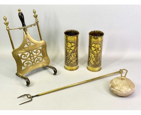TRENCH ART - First World War brass shell case vases (2) - hammered and floral embossed decoration with crimped rims, one stam
