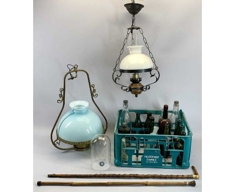 TUBULAR BRASS FRAMED HANGING OIL LAMP - the fitting converted to electricity with opaque blue and white glass shade, 58cms H,