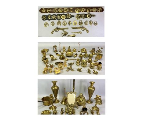 BRASSWARE - a large collection including horse brasses, candlesticks, vases, table lamp, door knocker, hand bell, ETC