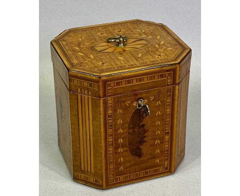 GEORGE III SATINWOOD &amp; MARQUETRY TEA CADDY - of cube form with canted corners decorated with floral sprays and swags, ban