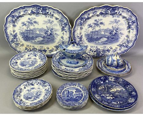 CIRCA 1830 &amp; LATER BLUE &amp; WHITE DECORATED DINNERWARE to include a Barker &amp; Till dresser set consisting 2 x meat p