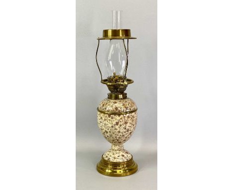 STONEWARE OIL LAMP - with gilded brass mounts, late 19th century with twin duplex burners, glass reservoir, 35cms H excluding