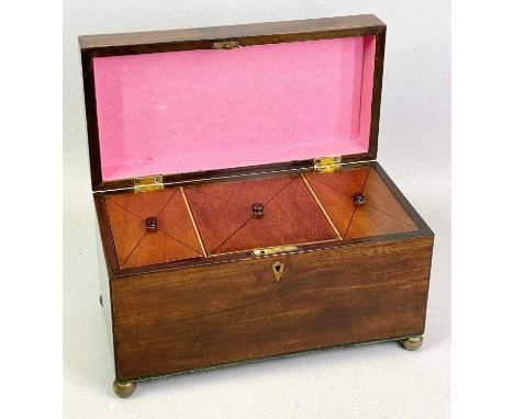 VICTORIAN MAHOGANY DOUBLE TEA CADDY - of rectangular form, on gilded ball feet, the interior having two compartments with lif