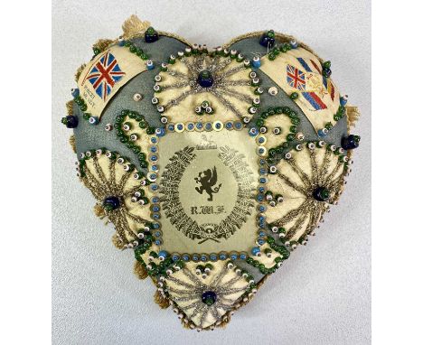 A GOOD FIRST WORLD WAR WELSH FUSILIERS 'SWEETHEART' CUSHION - central celluloid panel with the Regimental Crest surrounded by