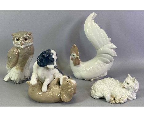 CONTINENTAL PORCELAIN ANIMAL FIGURINES (4) - to include a Lladro seated cockerel, 22cms H, Nao owl, 16.5cms H, Nao playful pa