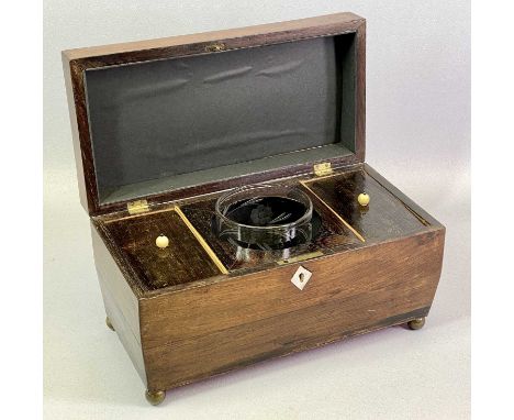 ROSEWOOD DOUBLE TEA CADDY - late 19th century, of sarcophagus form on brass ball feet, hinged cover enclosing interior fitted